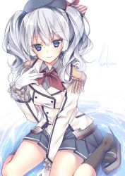 Rule 34 | 10s, 1girl, bad id, bad pixiv id, blue eyes, blue skirt, character name, epaulettes, gloves, hat, iyo iyo, kantai collection, kashima (kancolle), looking at viewer, pleated skirt, short hair, silver hair, skirt, smile, socks, solo, twintails, white gloves