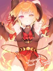 Rule 34 | 1girl, ahoge, armpits, arms up, blonde hair, bow, breasts, chain, commission, cowboy shot, demon girl, demon horns, demon tail, demon wings, elbow gloves, fire, gloves, hair bow, hair ribbon, heterochromia, highres, holding own arm, horns, indie virtual youtuber, komomo (2899), leotard, long hair, looking at viewer, medium breasts, parted lips, red bow, red eyes, red ribbon, ribbon, signature, skeb commission, skirt, solo, tail, twintails, wings, yellow eyes