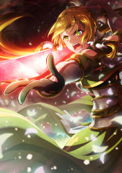 Rule 34 | 1girl, absurdres, black gloves, blonde hair, dress, floating hair, gloves, green dress, green eyes, highres, holding, holding sword, holding weapon, katana, leafa (terraria), long dress, long hair, oboro neko, open mouth, outstretched arm, solo, sword, sword art online, very long hair, weapon