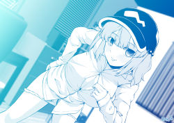 Rule 34 | 1girl, blue theme, blush, breasts, button gap, chair, closed mouth, collared shirt, commentary request, cowboy shot, desk, dutch angle, flat cap, hair bobbles, hair ornament, hat, highres, indoors, kagiyama shachou, kawashiro nitori, large breasts, leaning forward, looking at viewer, medium hair, monochrome, naked shirt, open clothes, open shirt, panties, panty pull, shirt, sidelocks, smile, solo, tongue, tongue out, touhou, two side up, underwear
