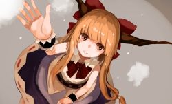 Rule 34 | 1girl, arm up, benetto (benet), blonde hair, bow, chain, collared shirt, from above, grey background, hand up, horns, ibuki suika, long hair, looking at viewer, looking up, open mouth, orange eyes, outstretched hand, shirt, simple background, skirt, sleeveless, sleeveless shirt, smile, solo, touhou, wrist cuffs