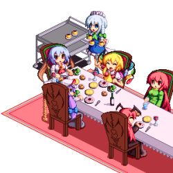 Rule 34 | 6+girls, ^ ^, arm up, ascot, bat wings, blonde hair, blue bow, blue dress, blue eyes, blue hair, bottle, bow, braid, brooch, carpet, chair, closed eyes, crystal, cup, dress, drinking glass, eating, embodiment of scarlet devil, female focus, flandre scarlet, food, fork, green bow, hair bow, hat, head wings, heart, holding, holding fork, hong meiling, izayoi sakuya, jewelry, kisasage kouta, knife, koakuma, long hair, long sleeves, long table, maid headdress, mob cap, multiple girls, on chair, open mouth, patchouli knowledge, pink hair, pixel art, pudding, purple hair, red eyes, remilia scarlet, ribbon-trimmed collar, ribbon trim, short hair, short sleeves, silver hair, simple background, sitting, standing, table, tablecloth, touhou, twin braids, white background, wine bottle, wine glass, wings