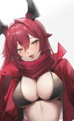Rule 34 | 1girl, :d, breasts, cleavage, crop top, cropped jacket, goddess of victory: nikke, hair between eyes, hair intakes, headgear, highres, horns, jacket, large breasts, leather, leather jacket, light blush, long hair, maviss 03, mechanical horns, navel, open mouth, red hair, red hood (nikke), red jacket, red scarf, scarf, simple background, smile, solo, unzipped, very long hair, white background, yellow eyes, zipper