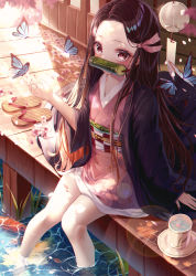 Rule 34 | 1girl, absurdres, bad id, bad pixiv id, bamboo, bit gag, blurry, blurry background, blush, brown footwear, brown hair, bug, butterfly, checkered sash, collarbone, commentary, cup, day, depth of field, eumi 114, flower, forehead, gag, hair ribbon, highres, huge filesize, insect, japanese clothes, kamado nezuko, kimetsu no yaiba, kimono, long hair, long sleeves, looking at viewer, mouth hold, mug, open clothes, outdoors, parted bangs, petals, petals on liquid, pink flower, pink kimono, pink ribbon, reflection, ribbon, ripples, sandals, saucer, sitting, sleeves past wrists, soaking feet, solo, sunlight, very long hair, water, wet, wide sleeves, wind chime, zouri