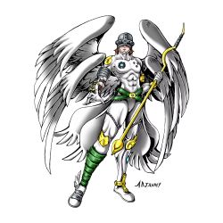 Rule 34 | 1boy, angel, angel boy, angemon, digimon, highres, mask, original, solo, staff, wings