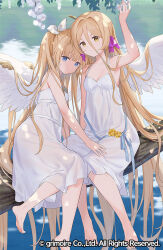 Rule 34 | 2girls, arm up, bare arms, bare shoulders, barefoot, blonde hair, blue eyes, bow, branch, brave sword x blaze soul, breasts, brown eyes, character request, closed mouth, commentary request, dress, feathered wings, flower, hair between eyes, hair bow, hair ribbon, long hair, multiple girls, official art, purple bow, ribbon, rose, sekiya asami, sitting, sleeveless, sleeveless dress, small breasts, smile, two side up, very long hair, water, white flower, white ribbon, white wings, wings, yellow flower, yellow rose
