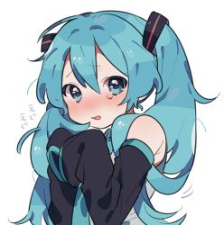 Rule 34 | 1girl, aqua eyes, aqua hair, bare shoulders, blush, cowering, detached sleeves, hair between eyes, hatsune miku, japanese text, long hair, long sleeves, looking at viewer, metoronikku, necktie, open mouth, ponytail, scared, shirt, simple background, sleeveless, sleeveless shirt, sleeves past fingers, sleeves past wrists, solo, tearing up, upper body, vocaloid, white background