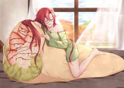 Rule 34 | 1girl, altheavin, barefoot, black-framed eyewear, blush, closed eyes, closed mouth, collarbone, commentary request, crepe, curtains, food, glasses, green pajamas, highres, indoors, labyrista, long hair, looking at viewer, lying, off shoulder, pajamas, pillow, princess connect!, red hair, semi-rimless eyewear, single bare shoulder, sleeping, smile, solo, under-rim eyewear, very long hair, window