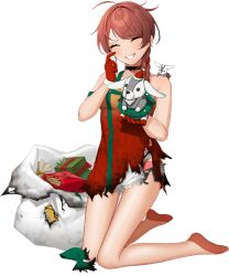 Rule 34 | 1girl, box, braid, breasts, christmas, closed eyes, doll, dress, full body, fur-trimmed headwear, fur trim, gift, gift box, gloves, hat, holding, holding sack, hoshiakari (c2 kikan), kantai collection, large breasts, long hair, looking at viewer, machinery, nevada (kancolle), official art, red eyes, red gloves, red hair, sack, santa costume, santa hat, seiza, single braid, sitting, smile, solo, stuffed toy, transparent background, turret