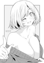 Rule 34 | 1girl, bare shoulders, breasts, cleavage, clothes pull, collarbone, commentary request, dated, grey background, greyscale, highres, kichihachi, large breasts, mole, mole on breast, monochrome, off-shoulder sweater, off shoulder, short hair, simple background, smile, solo, sweater, sweater pull, twitter, two-tone background, upper body, white background