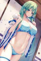 Rule 34 | 1girl, :o, blue bra, blue eyes, blue panties, bra, breasts, collarbone, collared shirt, duplicate, frog hair ornament, hair ornament, hair tubes, indoors, kochiya sanae, lace, lace-trimmed bra, lace-trimmed panties, lace trim, large breasts, liya, navel, no pants, nontraditional miko, open clothes, open shirt, panties, pixel-perfect duplicate, shirt, sleeveless, sleeveless shirt, snake hair ornament, solo, thighhighs, touhou, underwear, white shirt, white thighhighs