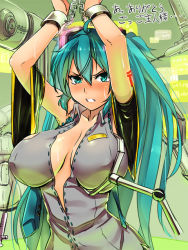 Rule 34 | 1girl, alternate breast size, aqua eyes, aqua hair, bdsm, blush, bondage, bound, breast expansion, breasts, colorized, crying, crying with eyes open, cuffs, groping, hair ornament, hatsune miku, huge breasts, long hair, magister, mechanical arms, necktie, open clothes, open vest, restrained, shackled, shackles, single mechanical arm, solo, sweat, syringe, tattoo, tears, translated, twintails, unworn necktie, very long hair, vest, vocaloid