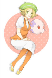 Rule 34 | 1girl, bianca (pokemon), blonde hair, breasts, commentary request, creatures (company), dress, from side, full body, game freak, green eyes, green hat, hat, invisible chair, legs together, nintendo, orange pantyhose, pantyhose, pink background, pokemon, pokemon (creature), pokemon bw, sanzou m, short hair, sitting, white background