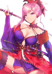 Rule 34 | 1girl, asymmetrical hair, black thighhighs, breasts, cleavage, collarbone, covered erect nipples, detached sleeves, earrings, fate/grand order, fate (series), hair ornament, high ponytail, highres, hiroki ree, holding, holding sword, holding weapon, jewelry, katana, long hair, looking at viewer, magatama, magatama necklace, medium breasts, miyamoto musashi (fate), miyamoto musashi (third ascension) (fate), necklace, parted bangs, pink hair, purple eyes, short ponytail, simple background, smile, solo, sword, thighhighs, weapon, white background