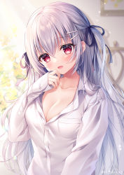 Rule 34 | 1girl, :d, black ribbon, blurry, blurry background, blush, breasts, cleavage, collarbone, collared shirt, commentary request, depth of field, dress shirt, fang, grey hair, hair between eyes, hair ornament, hair ribbon, hairclip, hand up, head tilt, long hair, long sleeves, looking at viewer, medium breasts, mitsuba choco, open mouth, original, red eyes, ribbon, shirt, sleeves past wrists, smile, solo, two side up, very long hair