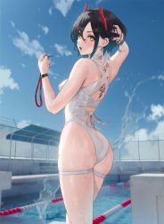 Rule 34 | 1girl, :o, arm behind head, arm up, ass, azur lane, back, back tattoo, barbell piercing, bare shoulders, bench, black hair, black nails, blue sky, breasts, choker, cirilla lin, cowboy shot, ear piercing, earrings, fence, from behind, glint, hair between eyes, hand up, highres, holding, holding whistle, horns, industrial piercing, jewelry, lane line, looking at viewer, looking back, medium breasts, nail polish, one-piece swimsuit, open mouth, outdoors, piercing, pool, poolside, red horns, short hair, sky, solo, spiked ear piercing, swimsuit, tattoo, thigh strap, thighs, ulrich von hutten (azur lane), watch, water, wet, whistle, white choker, white one-piece swimsuit, wristwatch, yellow eyes