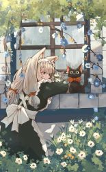 Rule 34 | 1girl, animal, animal ear fluff, animal ears, apron, back bow, black cat, black dress, blue flower, bow, bowtie, bright pupils, cat, cat ears, commentary request, dress, flower, foliage, frilled apron, frills, grey bow, grey bowtie, grey cat, grey eyes, grey hair, hair bow, hairband, highres, leaning, long hair, long sleeves, low twintails, maid, oimo imoo, orange bow, orange bowtie, original, outdoors, red bow, solo, twintails, white apron, white flower, white hairband, window, windowsill, yellow flower
