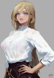 Rule 34 | 1girl, alternate costume, artist logo, black skirt, blonde hair, blue eyes, grey background, hair between eyes, hand on own hip, haruto (harut n), kantai collection, long hair, mole, mole under eye, mole under mouth, one-hour drawing challenge, richelieu (kancolle), shirt, simple background, skirt, solo, white shirt