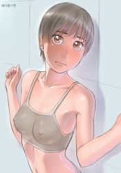 Rule 34 | 1girl, :|, against wall, armpits, arms up, ayumu (zenkou), black hair, blush, breasts, brown eyes, closed mouth, covered erect nipples, dated, head tilt, looking at viewer, medium breasts, orange eyes, original, outstretched arms, shiny skin, short hair, solo, sports bra, spread arms, tile wall, tiles, zenkou