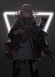 Rule 34 | 1girl, armor, asymmetrical legwear, backlighting, battle rifle, black thighhighs, breastplate, brown gloves, commentary, english commentary, funengliang jieheti, girls&#039; frontline, gloves, gun, hair ornament, hairclip, highres, mismatched legwear, one side up, pink eyes, pink hair, rifle, scope, solo, st ar-15 (girls&#039; frontline), thighhighs, trigger discipline, weapon, zettai ryouiki
