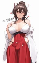 Rule 34 | 1girl, absurdres, artist request, bare shoulders, black choker, breasts, breasts apart, brown eyes, brown hair, choker, commission, cowboy shot, female masturbation, hair between eyes, hair ribbon, hakama, hand on own chest, hand under clothes, heart, heart-shaped pupils, high ponytail, highres, hip vent, japanese clothes, large breasts, long hair, looking at viewer, masturbation, miko, off shoulder, original, panty straps, parted lips, ponytail, red hakama, ribbon, second-party source, shirt, side-tie peek, sidelocks, skindentation, solo, spaghetti strap, symbol-shaped pupils, white shirt