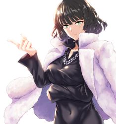 Rule 34 | 1girl, black dress, black hair, breasts, covered navel, dress, female focus, fubuki (one-punch man), green eyes, highres, infinote, jewelry, large breasts, necklace, one-punch man, short hair, solo