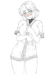 Rule 34 | 1girl, blush, breasts, closed mouth, commentary request, cowboy shot, ear blush, greyscale, highres, looking at viewer, medium breasts, mizuhashi parsee, monochrome, no pants, nose blush, ootsuki wataru, pointy ears, shirt, short hair, short sleeves, simple background, solo, spot color, touhou, wavy mouth