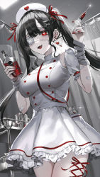 Rule 34 | 1girl, absurdres, bandages, black hair, bottle, earrings, eyepatch, fangs, grey theme, hat, highres, holding, holding bottle, jewelry, long hair, maria (maria rose), md5 mismatch, nurse, nurse cap, open mouth, original, piercing, red eyes, red ribbon, resolution mismatch, ribbon, short sleeves, smile, source larger, syringe, twintails