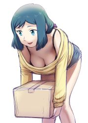 Rule 34 | 1girl, blue eyes, blue hair, breasts, cleavage, curvy, female focus, gundam, gundam build fighters, gundam build fighters try, hanging breasts, iori rinko, leaning forward, long hair, looking at viewer, medium breasts, mature female, open mouth, plump, ponytail, smile, solo, standing, third-party edit, transparent background