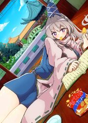 Rule 34 | 1girl, absurdres, blue hat, blue sky, book, chips (food), closed mouth, cloud, commentary request, dutch angle, food, food in mouth, grey hair, gurajio, hat, highres, holding, holding food, indoors, japanese clothes, kariginu, looking at viewer, lying, medium hair, mononobe no futo, on side, purple eyes, ribbon-trimmed sleeves, ribbon trim, sky, solo, tate eboshi, touhou