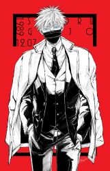Rule 34 | 1boy, blue eyes, character name, collared shirt, cowboy shot, formal, gojou satoru, greyscale with colored background, hands in pockets, highres, jacket, jacket on shoulders, jujutsu kaisen, looking at viewer, male focus, mask, mouth mask, necktie, pants, red background, shiki (shiki no), shirt, short hair, solo, spot color, standing, suit, vest