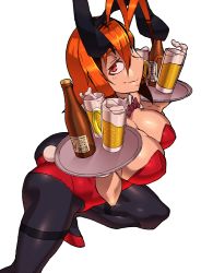 Rule 34 | 1girl, alcohol, animal ears, antenna hair, ass, beer, breasts, cleavage, fake animal ears, female focus, large breasts, leotard, lol (harikofu), looking at viewer, original, pantyhose, playboy bunny, rabbit ears, red eyes, simple background, smile, solo, tray, white background