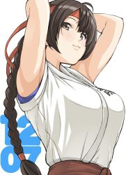 Rule 34 | 1girl, armpits, arms behind head, braid, braided ponytail, breasts, brown eyes, brown hair, chiyou yoyuchi, closed mouth, dated, dougi, headband, highres, large breasts, long hair, looking at viewer, ryuuko no ken, seductive smile, simple background, single braid, smile, solo, the king of fighters, white background, yuri sakazaki