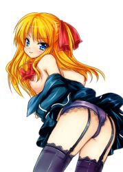 Rule 34 | 1girl, ass, blonde hair, blue eyes, breasts, female focus, from behind, garter straps, hair ribbon, kawasumi, leaning forward, looking back, panties, quiz magic academy, ribbon, shalon, simple background, small breasts, solo, thighhighs, transparent background, underwear