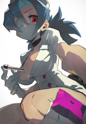Rule 34 | + +, 1girl, absurdres, between breasts, black choker, blue hair, breasts, choker, cleavage, eyepatch, gloves, grey background, hata4564, highres, large breasts, looking at viewer, mask, medium hair, mouth mask, ponytail, red eyes, shirt, short sleeves, simple background, skullgirls, solo, squatting, surgical mask, sweat, valentine (skullgirls), white gloves, white shirt
