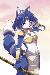 Rule 34 | 1girl, :3, animal ears, animal nose, aqua eyes, arm behind head, arm up, armor, bandeau, blue fur, blue hair, body fur, breasts, choker, circlet, closed mouth, cloud, collarbone, cowboy shot, crystal, female focus, fox ears, fox girl, fox tail, furry, furry female, gem, glint, gold, gradient background, green gemstone, hairband, happy, highres, holding, holding polearm, holding spear, holding weapon, jewelry, krystal, loincloth, looking at viewer, medium breasts, namagaki yukina, navel, necklace, nintendo, orange sky, outdoors, pelvic curtain, pinky out, polearm, red gemstone, short hair, shoulder armor, sky, smile, snout, solo, spear, standing, star fox, star fox adventures, stomach, sunset, tail, tail ornament, tail ring, tribal, two-tone fur, vambraces, weapon, white fur, yellow choker, yellow hairband