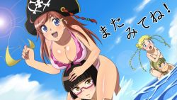 Rule 34 | 4girls, assisted exposure, bikini, bikini top only, unworn bikini top, black hair, blonde hair, blue eyes, blush, breast hold, breasts, brown eyes, brown hair, chiaki kurihara, cleavage, clothes theft, cloud, covering privates, covering breasts, day, embarrassed, glasses, gruier serenity, hat, jenny dolittle, katou marika, kuri youkan, large breasts, lens flare, long hair, miniskirt pirates, multiple girls, ocean, open mouth, outdoors, pink hair, pirate hat, sky, smile, sun, swimsuit, swimsuit theft, theft, topless, water