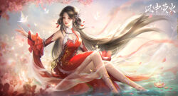 Rule 34 | 1girl, absurdres, bare legs, brown hair, bug, butterfly, chest cutout, detached sleeves, dress, facial mark, floating hair, flower, forehead mark, full body, glowing butterfly, hair ornament, hair rings, highres, huo linger (wanmei shijie), insect, long hair, lotus, parted lips, red dress, solo, two-tone dress, wanmei shijie, water, xianxian jintian huahua liao mei