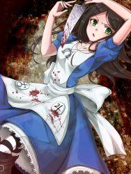 Rule 34 | 1girl, alice: madness returns, alice (alice in wonderland), alice in wonderland, alice liddell (american mcgee&#039;s alice), american mcgee&#039;s alice, american mcgee's alice, apron, black hair, blood, breasts, dress, green eyes, highres, jewelry, jupiter symbol, knife, long hair, looking at viewer, medium breasts, necklace, pantyhose, solo, striped clothes, striped pantyhose