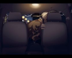 Rule 34 | 10s, 1boy, ahoge, androgynous, arm support, car interior, car seat, closed eyes, idolmaster, idolmaster side-m, interior, kiss, kitamura sora, letterboxed, multicolored hair, night, night sky, out of frame, producer (idolmaster), producer (idolmaster side-m), producer (idolmaster side-m anime), sky, yaoi