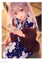 Rule 34 | 1girl, absurdres, blush, bottle, fang, fingernails, floral print, haori, head tilt, highres, holding, indoors, japanese clothes, kimono, long hair, long sleeves, looking at viewer, open mouth, original, page number, pink hair, red eyes, sake bottle, scan, simple background, sitting, smile, solo, tatami, wings, yashiro seika