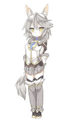 Rule 34 | 1girl, :&lt;, animal ears, boots, female focus, full body, gloves, highres, lo xueming, pop-up story, rita drake, short hair, silver hair, simple background, skirt, solo, tail, thigh boots, thighhighs, white background, wolf ears, wolf tail, yellow eyes
