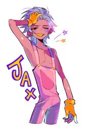 Rule 34 | 1boy, adjusting hair, black eyes, character name, clenched teeth, colored sclera, colored skin, gloves, highres, humanization, jax (the amazing digital circus), jh0nkh0nkbee, male focus, one eye closed, overalls, pink overalls, pink skin, purple hair, short hair, star (symbol), teeth, the amazing digital circus, yellow gloves, yellow sclera, yellow teeth