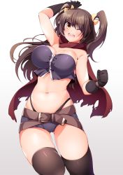 Rule 34 | 1girl, ;d, arm up, bare shoulders, belt, belt skirt, black gloves, black thighhighs, breasts, brown hair, cape, cleavage, clenched hand, contrapposto, cowboy shot, gloves, gluteal fold, gradient background, grey background, hair between eyes, hair ribbon, hand up, highleg, highleg panties, highres, hip focus, large breasts, long hair, midriff, navel, one eye closed, open mouth, original, panties, ribbon, ruri rarako, short shorts, shorts, skindentation, smile, solo, standing, stomach, teeth, thighhighs, thighs, two side up, underwear, white background, yellow eyes, yellow ribbon