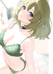 Rule 34 | 1girl, bare shoulders, black choker, blurry, blurry background, blush, bob cut, bra, breasts, cardigan partially removed, chain, chain leash, choker, cleavage, collarbone, commentary, embroidered bra, green bra, green eyes, green panties, heterochromia, highres, idolmaster, idolmaster cinderella girls, lace, lace-trimmed bra, lace trim, leash, looking at viewer, medium breasts, mole, mole under eye, navel, panties, soles, solo, stomach, sutoroa, takagaki kaede, toes, underwear, underwear only