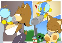Rule 34 | 1boy, 1girl, breasts, chao (sonic), cleavage, deepthroat, fellatio, furry, huge breasts, large areolae, large breasts, large penis, omochao, oral, original, paizuri, penis, robot, slickehedge, sonic (series), topless, voyeurism