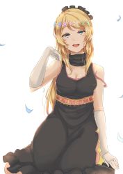 Rule 34 | 1girl, :d, amekawa setsu, ayase eli, black dress, blonde hair, blue eyes, breasts, cleavage, collarbone, dress, earrings, elbow gloves, gloves, head wreath, highres, jewelry, kneeling, looking at viewer, love live!, love live! school idol festival, love live! school idol project, maid headdress, medium breasts, off shoulder, open mouth, petals, simple background, sleeveless, sleeveless dress, smile, solo, white background, white gloves