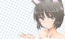 Rule 34 | 1girl, :&lt;, amagami, animal ears, bare shoulders, blue background, blush, bob cut, brown eyes, brown hair, cat ears, close-up, collarbone, commentary, completely nude, hand up, kemonomimi mode, looking at viewer, magari1222, nude, parted lips, polka dot, polka dot background, portrait, raised eyebrows, short hair, sketch, solo, tachibana miya, white background