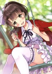 Rule 34 | 1girl, absurdres, black ribbon, brown eyes, brown hair, cardigan, day, dress, floating hair, frilled thighhighs, frills, from below, high ponytail, highres, katou megumi, layered dress, long hair, looking at viewer, matsuzaki miyuki, neck ribbon, open cardigan, open clothes, open mouth, outdoors, page number, red sweater, ribbon, saenai heroine no sodatekata, short dress, sitting, solo, sweater, thighhighs, white dress, white thighhighs