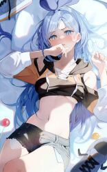 Rule 34 | 1girl, absurdres, bae minah (chaesu), bare shoulders, blue eyes, blue hair, blush, borrowed character, breasts, clothing cutout, commentary, crop top, cutoffs, grey shorts, highres, long hair, long sleeves, looking at viewer, lumo 1121, midriff, navel, open mouth, original, short shorts, shorts, shoulder cutout, small breasts, solo, stomach, thighs, very long hair